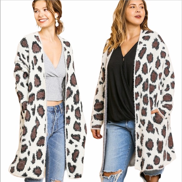 SALE Umgee Fuzzy Cream Leopard Print Cardigan S - Picture 5 of 5